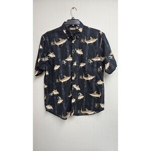 Cafe Luna Shirt Mens Large Fish Print Hawaiian Button Up Short Sleeve Black Tan